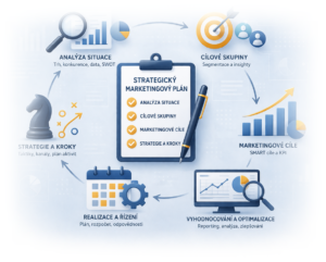 Central clipboard with a checklist 'Strategický marketingový plán' and a pen, surrounded by analysis, target groups, goals, execution, and evaluation icons.
