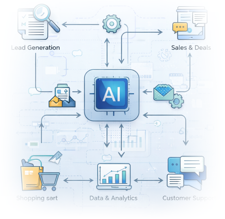 Infographic showing AI central role connecting lead generation, sales, shopping, analytics, and customer support