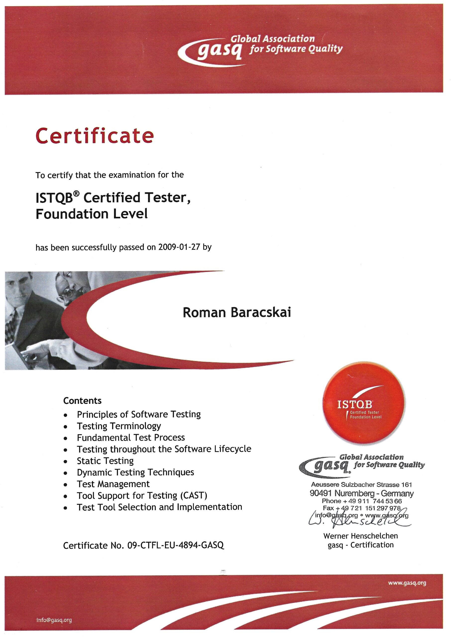 Front page of a GASQ certificate showing the ISTQB Certified Tester, Foundation Level award, with GASQ logos, recipient name area, and a contents list.